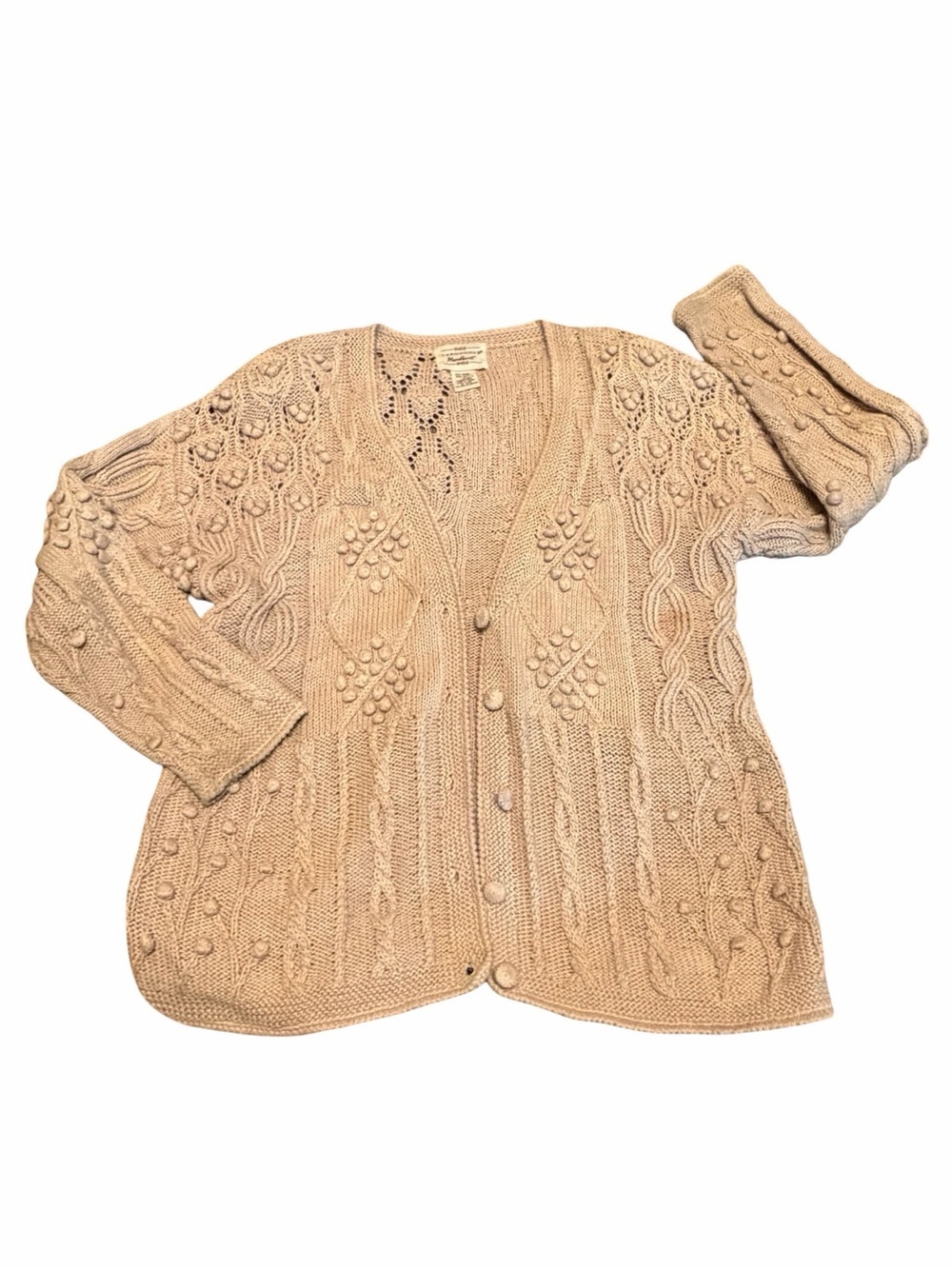 Vintage Handknit Beige Popcorn Cardigan Cottagecore Grandma Core
